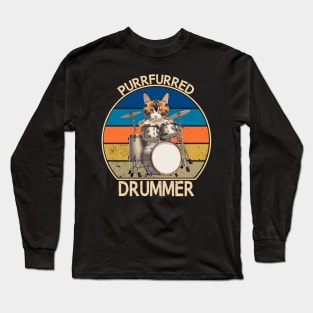 PurrFurred Drummer Funny Cat Playing Drums Long Sleeve T-Shirt